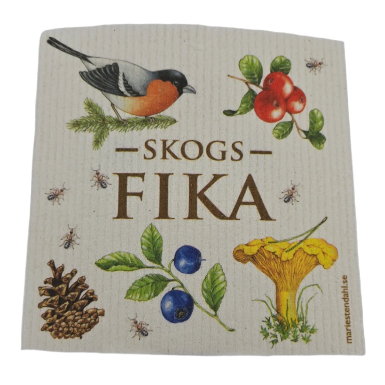 The SKOGS (Forest) FIKA dish cloth is illustrated with a bird, berries, mushrooms, and pine cone on a black background.