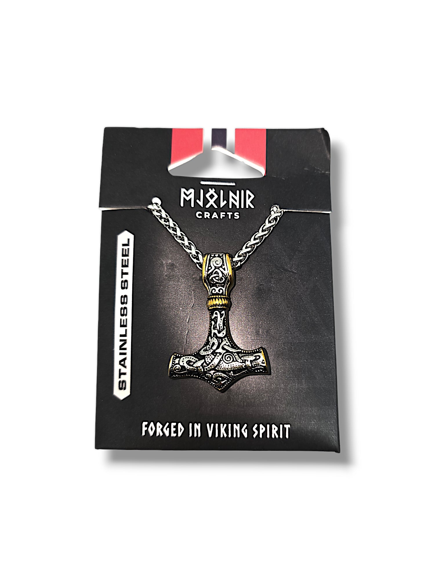 The Necklace: Thor's Hammer is showcased on its packaging, featuring the text Mjölnir Crafts alongside Stainless Steel and Forged in Viking Spirit.