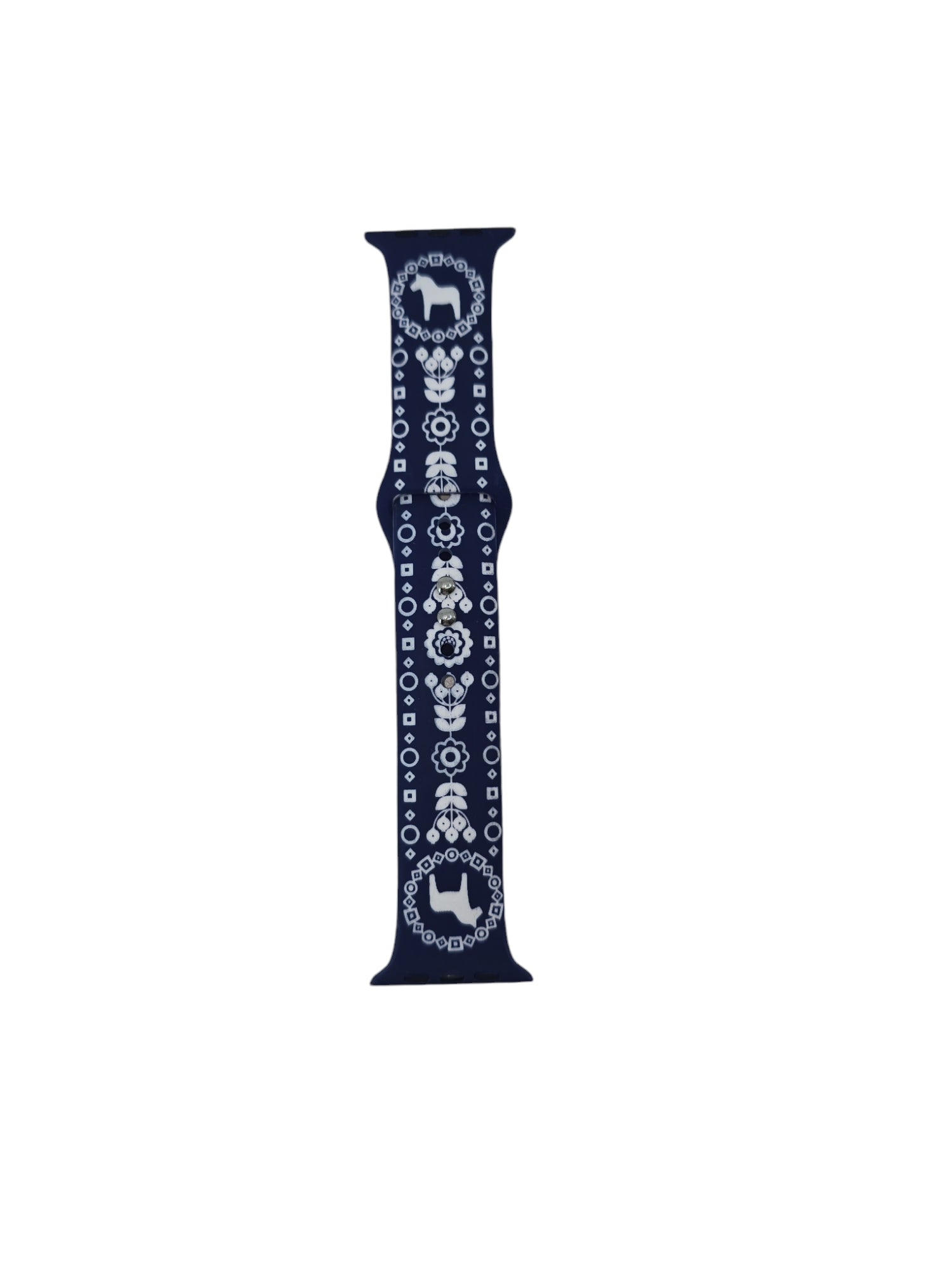 Navy blue adjustable watch band featuring white dala horse designs.