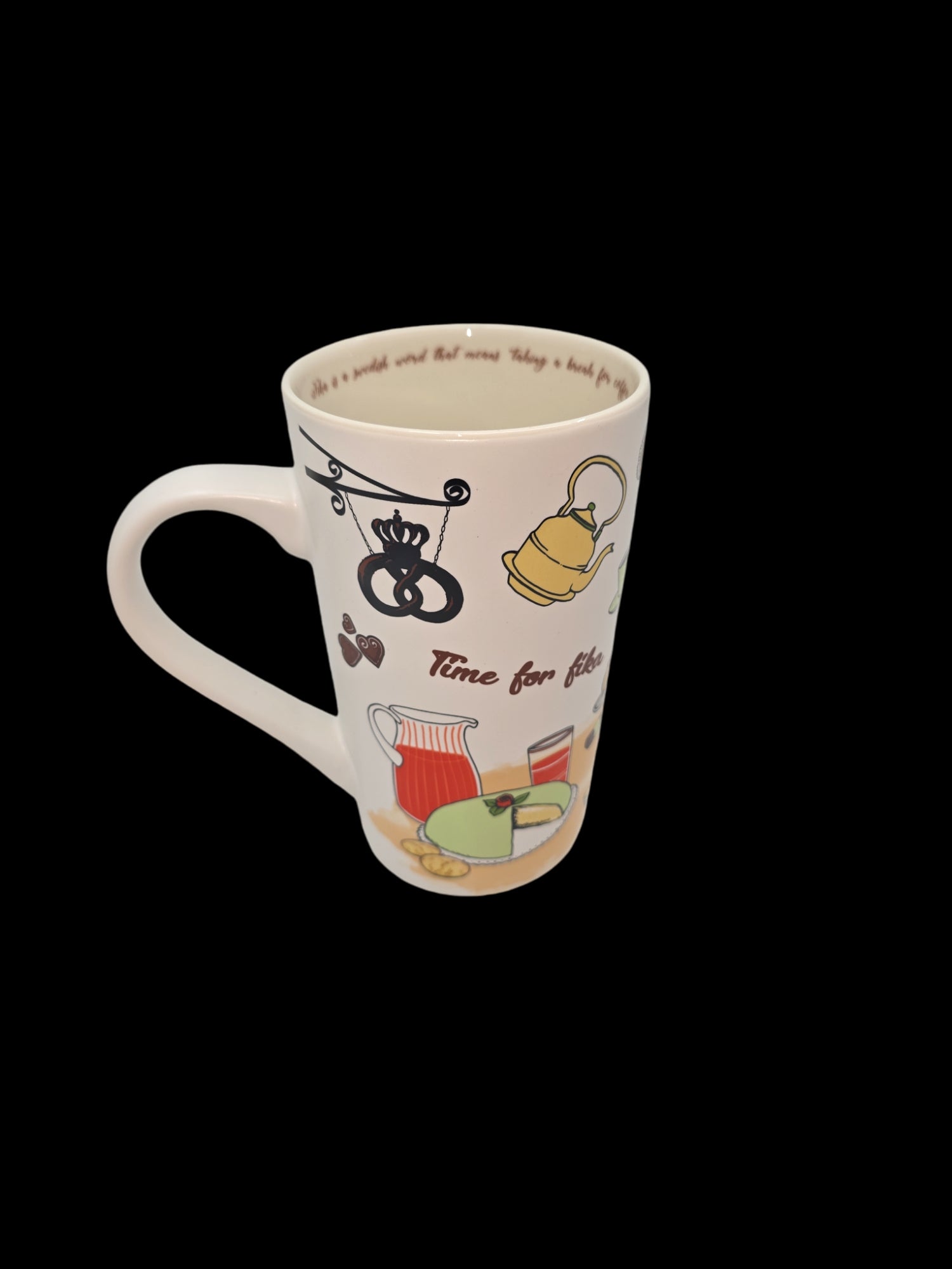 Introducing the Swedish FIKA Tall mug—this white latte mug showcases charming illustrations of a teapot and chair alongside the phrase "Time for FIKA." Ideal for your Swedish coffee break, it features an elegantly decorated interior rim with text.