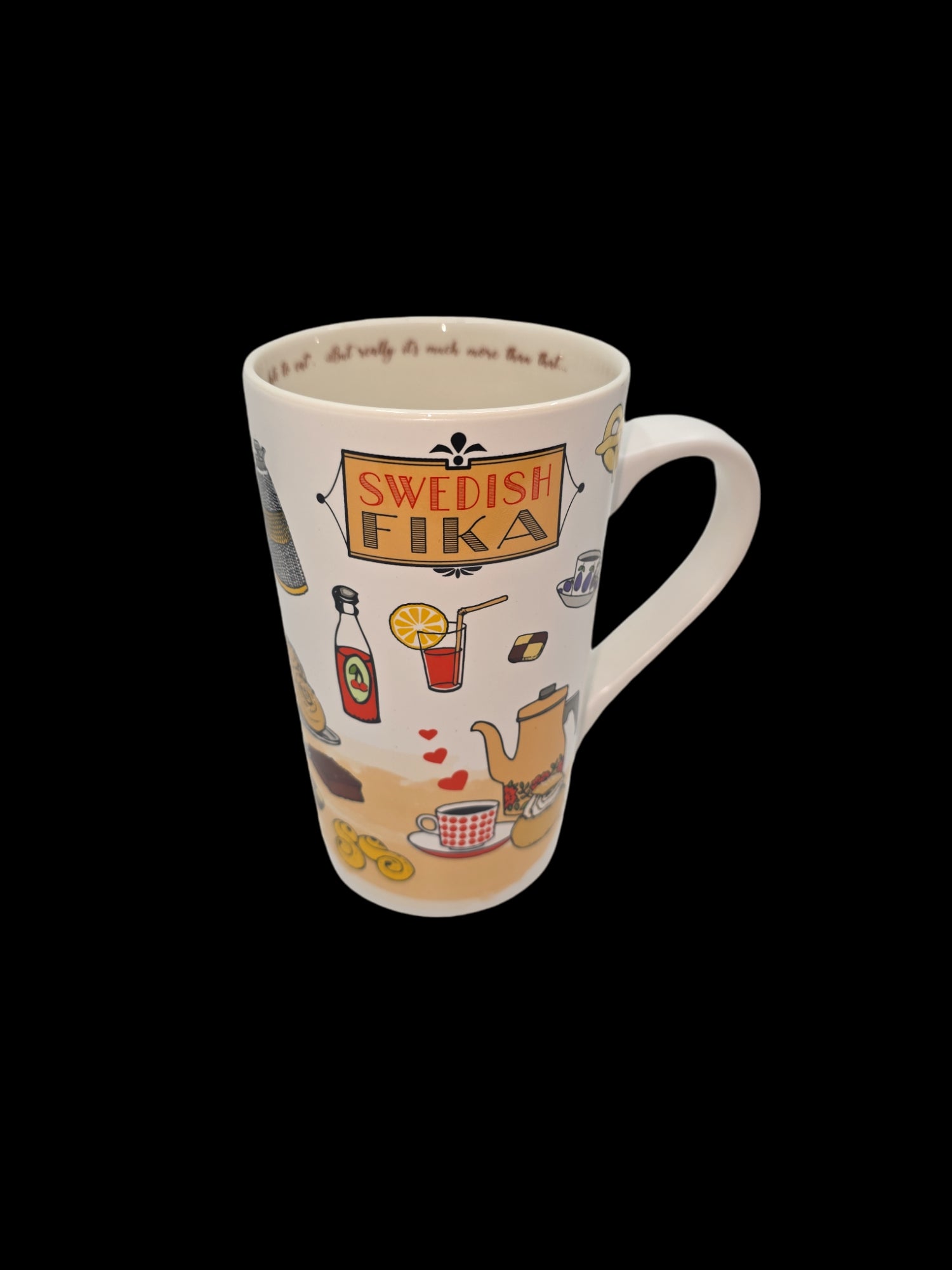 Introducing the Swedish FIKA Tall mug: a white latte mug featuring charming illustrations, including a teapot, coffee cup, and delicious food items set against a black background. Ideal for savoring your Swedish coffee break.