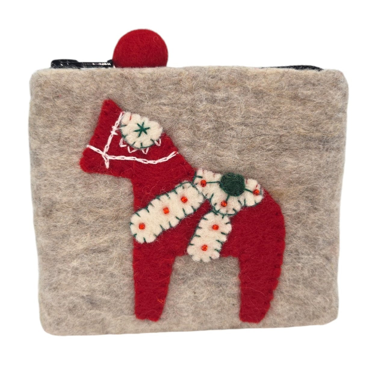 The Purse: Dala Horse Felt Purse, crafted with Danish design, is made from wool felt and includes a zipper. It features a red Dala horse with decorative stitching set against a beige background.