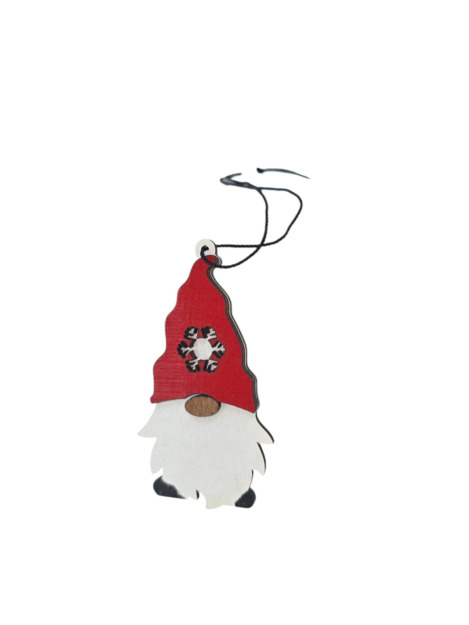 Introducing our Gnome with Snowflake Cut Out Ornament, featuring a beautifully handcrafted design with a red hat, white beard, and an intricately laser-cut snowflake detail, suspended elegantly from a black string.