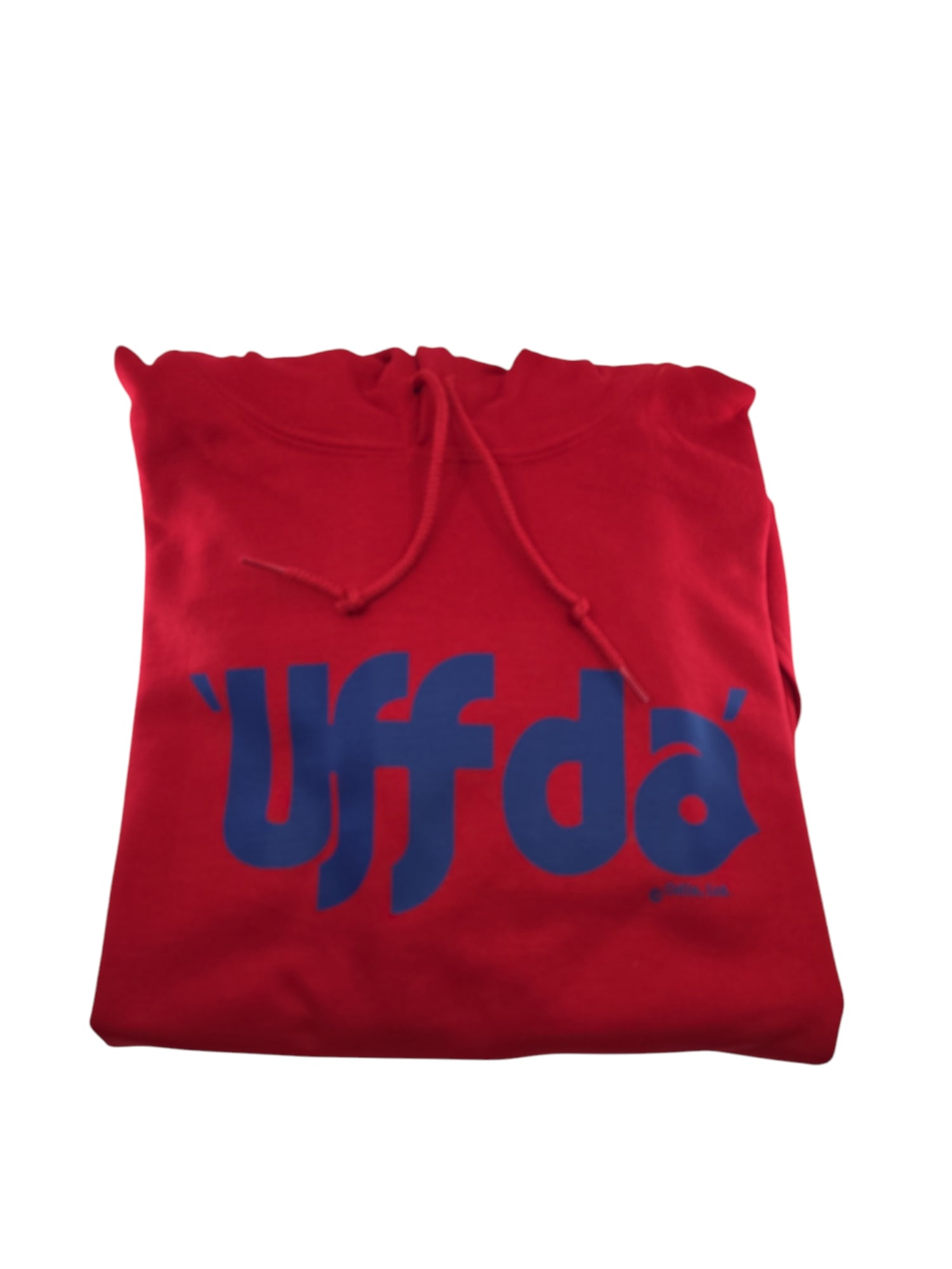 Red colored hoodie from the "Uff da Hoodie Red or Gray" collection, featuring the Scandinavian term "Uffda" in bold blue letters on the front.