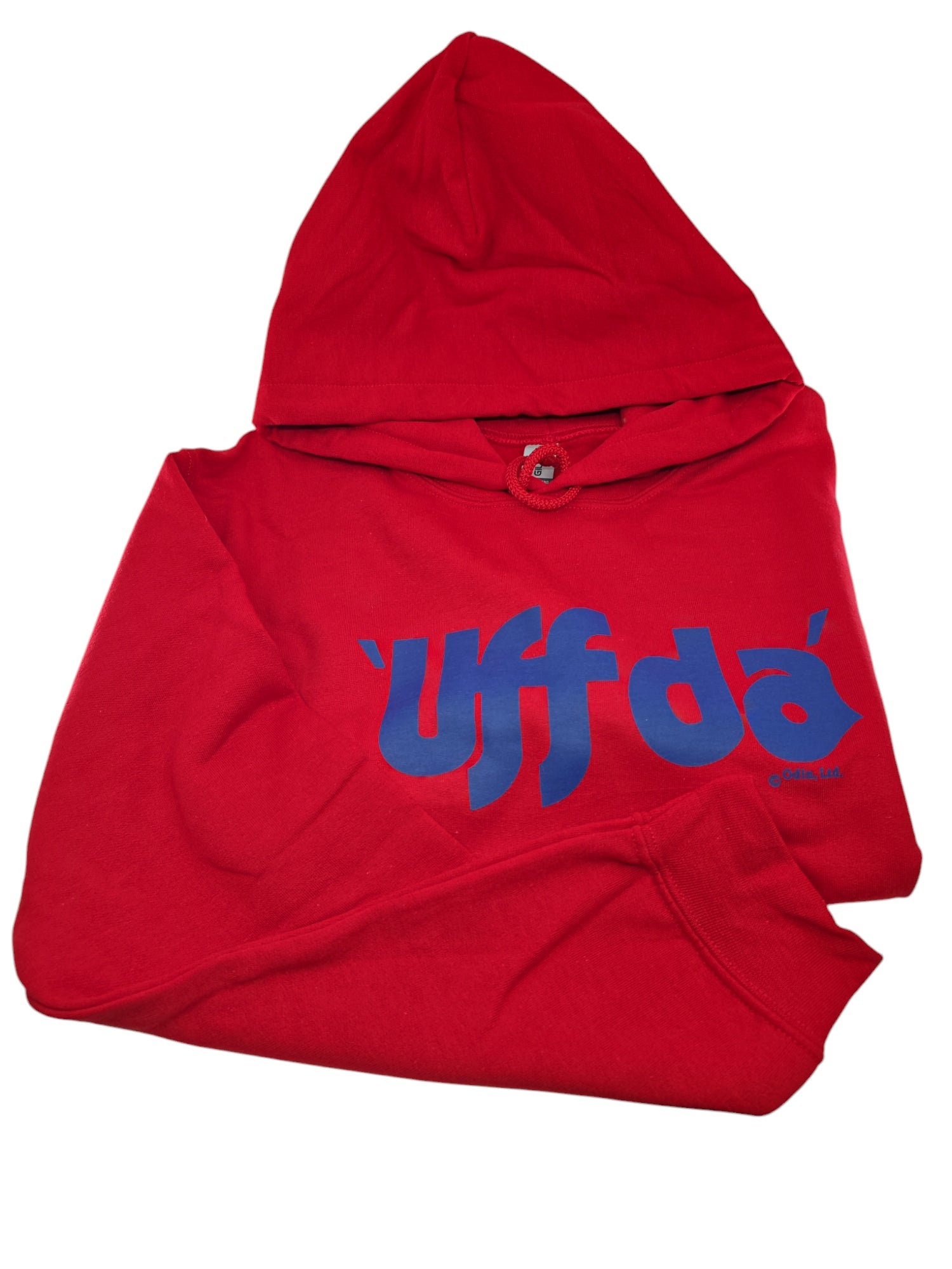 A red Hoodie Sweatshirt featuring the Scandinavian term "Uff da" printed prominently in bold blue on the front.