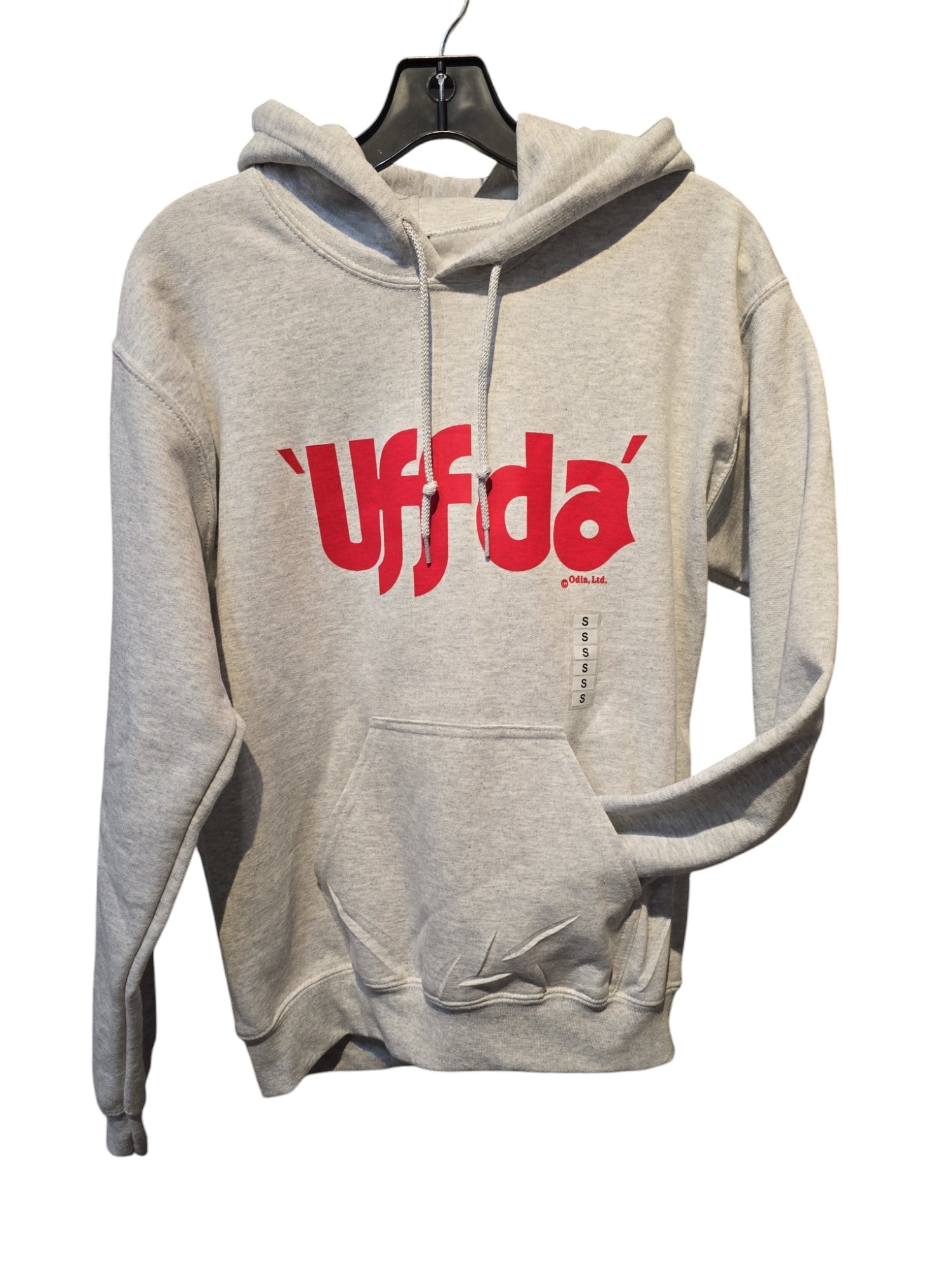 A Uff da Hoodie with red text "Uffda," a charming Scandinavian term, elegantly hangs on a sleek black hanger.