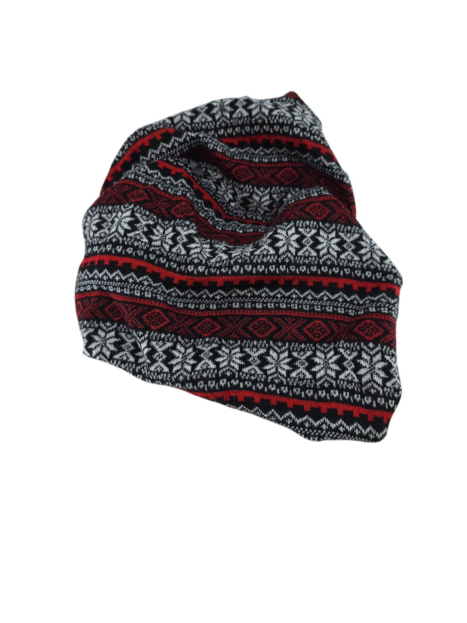 The Neck Warmer: Red/Black Multifunctional Headwear, crafted entirely from wool and featuring traditional Norwegian-inspired patterns in classic red, black, and white hues, is elegantly presented on a pristine white backdrop.