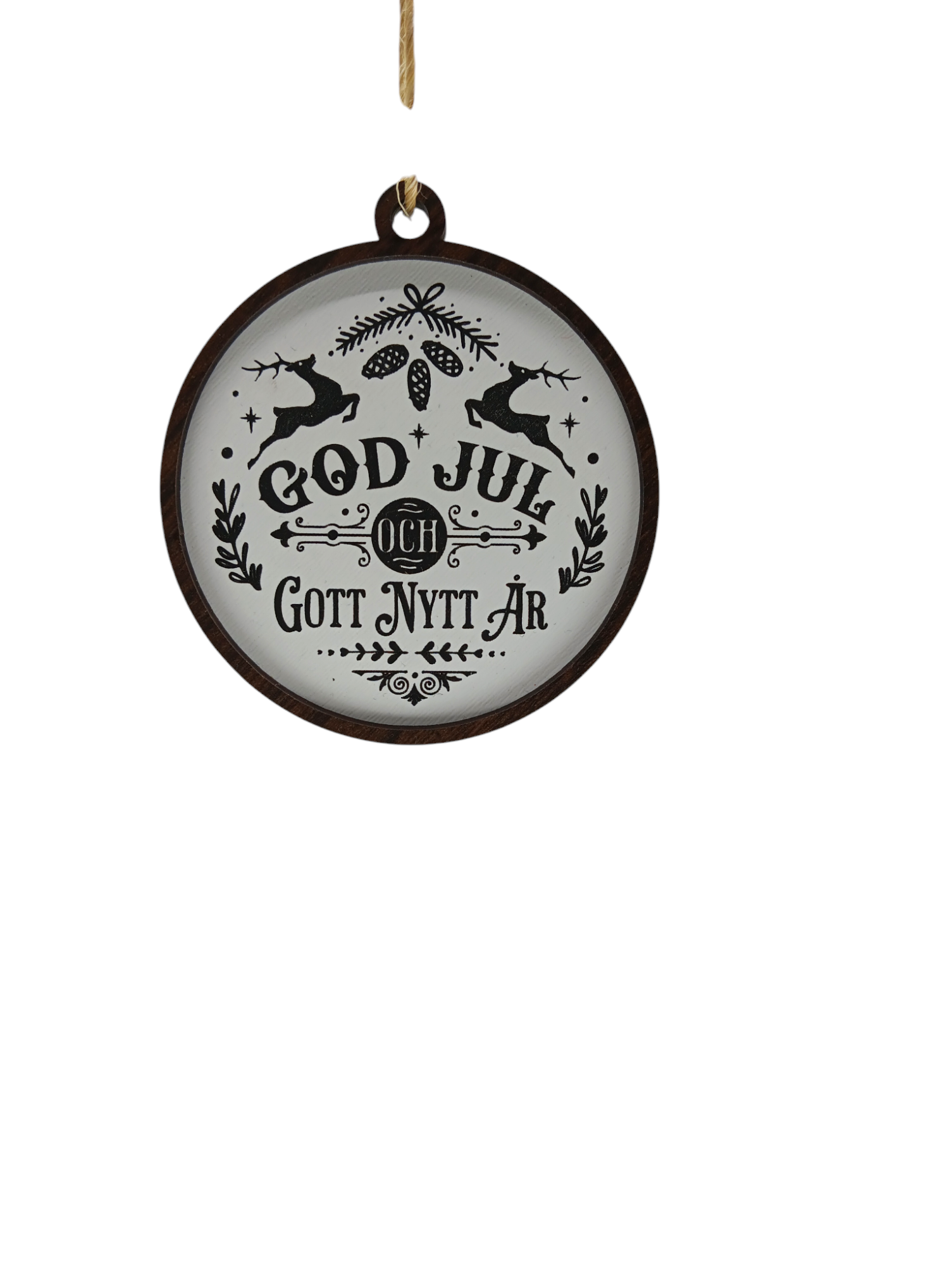 The "God Jul White & Gott Nytt Ar Merry Christmas & Happy New Year in Swedish" ornament beautifully embodies holiday tradition with its decorative elements of reindeer, pinecones, and floral patterns.