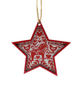 Red star-shaped ornament adorned with red and white Swedish dala horses and two Swedish birds, complete with a small loop for hanging.