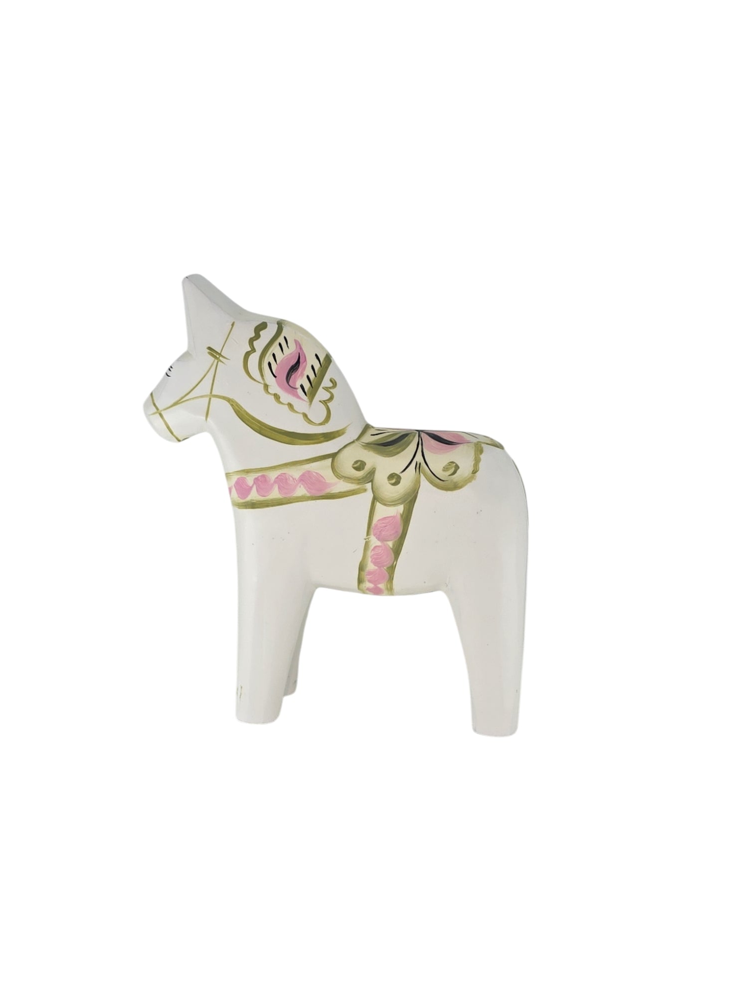 A hand-painted Dala Horse named Pastel Dala Horses Mat White with Pastal Kurbits features green and pink patterns, stands left-facing against a plain background, and is an ideal gift for those who admire traditional craftsmanship.