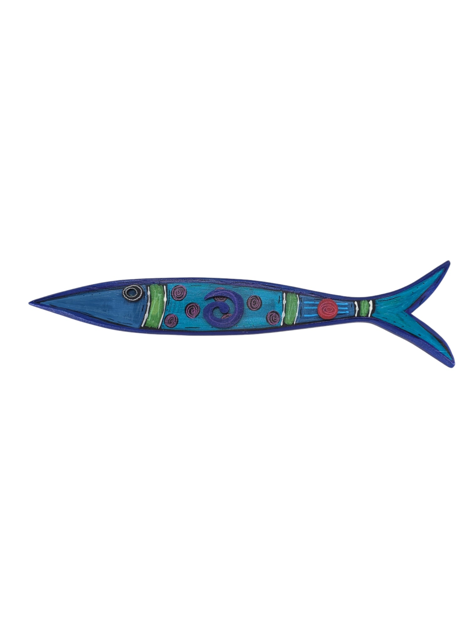 The Artwork: Skinny Fish E Drumm Design is a stylized, elongated decorative wall fish illustration in blue and green hues with abstract patterns, invoking the essence of a hand-painted masterpiece.