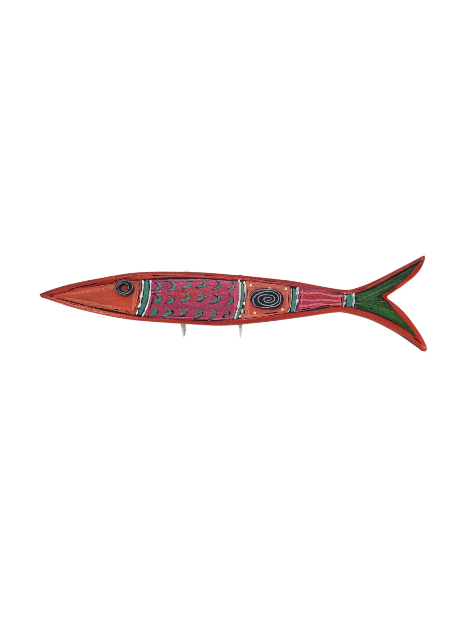 The Skinny Fish by E Drumm Design is a decorative wooden wall sculpture featuring abstract hand-painted patterns in red, green, and black on a white background.