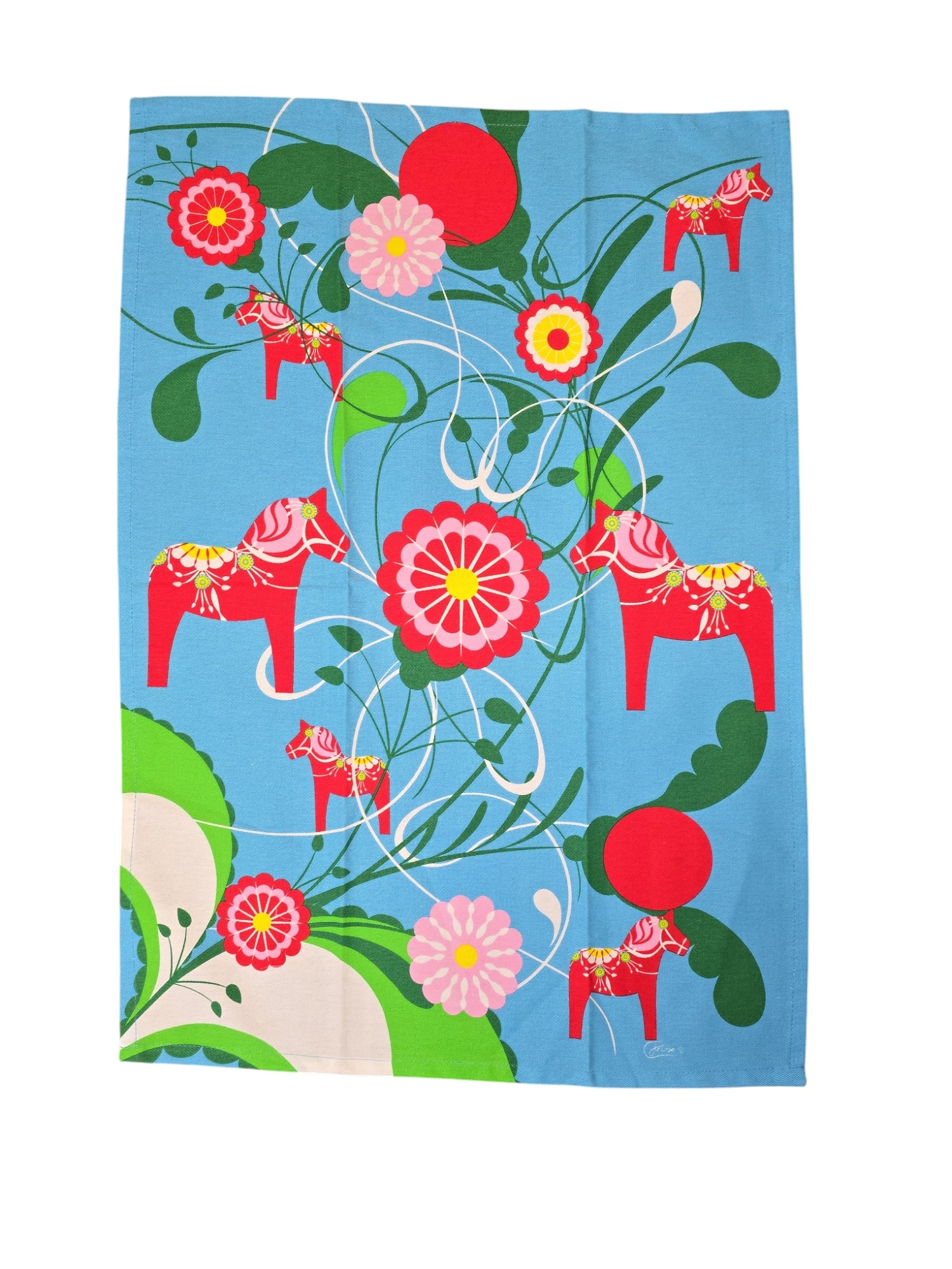 Heidi Langes tea towel features Dala horses and flowers on a vibrant light blue fabric, highlighting shades of red, green, pink, and yellow in a playful Swedish artistic style.