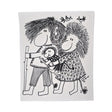 The Trolls by Heidi Lange dish cloth features a charming black and white illustration of a smiling cartoon family of three holding hands with birds above, adding an eco-friendly Swedish charm to your kitchen decor.