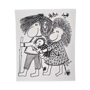 The Trolls by Heidi Lange dish cloth features a charming black and white illustration of a smiling cartoon family of three holding hands with birds above, adding an eco-friendly Swedish charm to your kitchen decor.