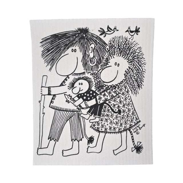 The Trolls by Heidi Lange dish cloth features a charming black and white illustration of a smiling cartoon family of three holding hands with birds above, adding an eco-friendly Swedish charm to your kitchen decor.