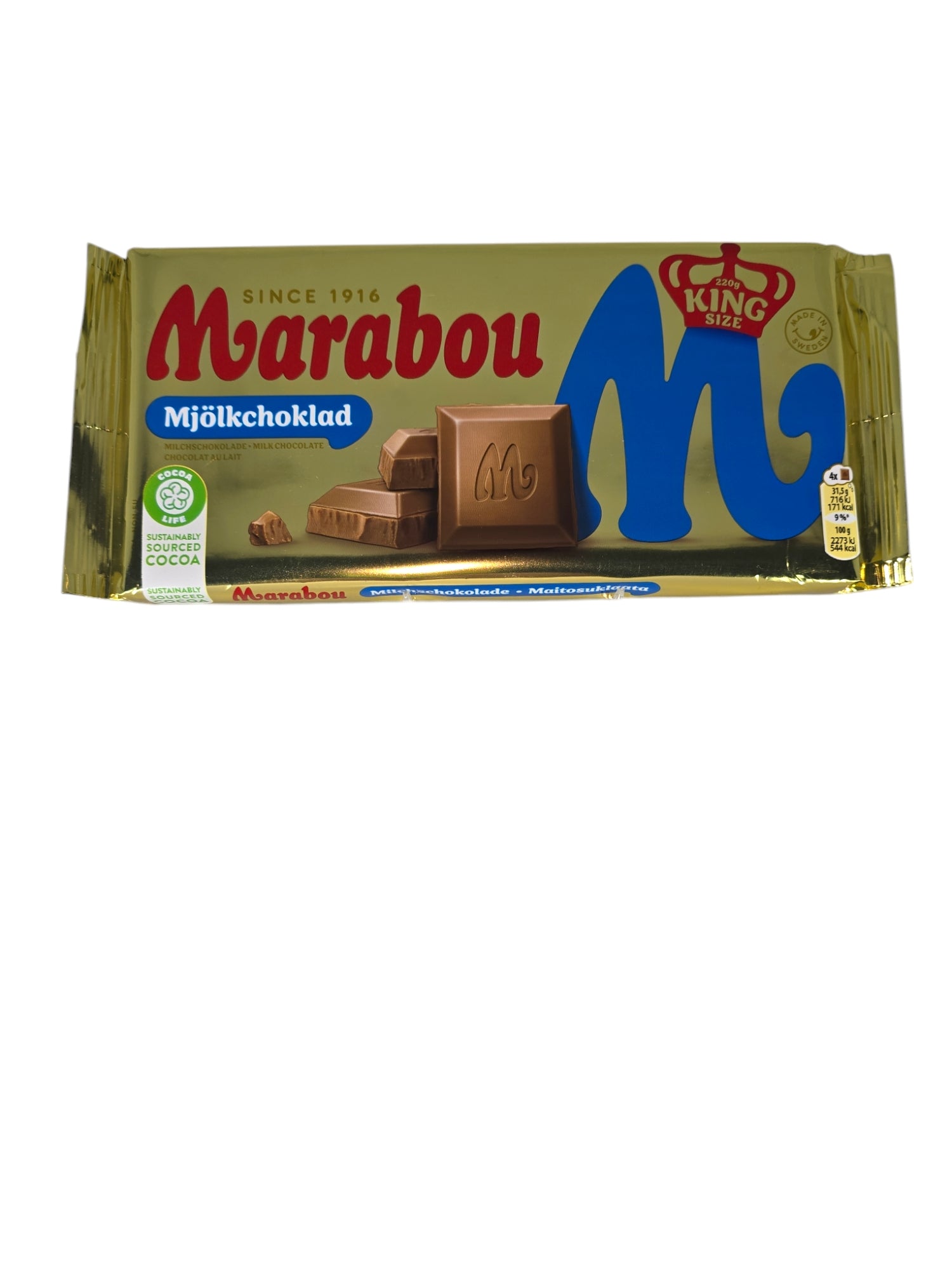 The Marabou Original Milk Chocolate King Size 220g packaging showcases a striking blue M and King Size label, with chocolate pieces embossed with the logo elegantly displayed against a luxurious gold wrapper.