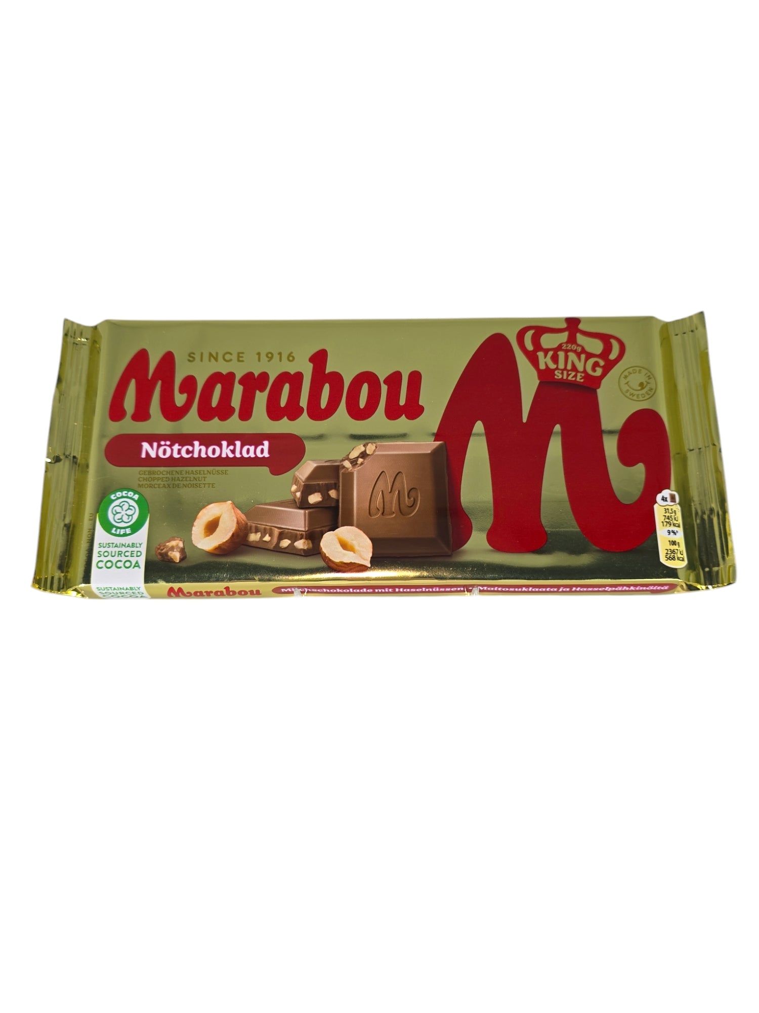 A King Size Marabou Original Milk Chocolate 220g bar featuring a tempting image of rich chocolate pieces and crunchy hazelnuts.