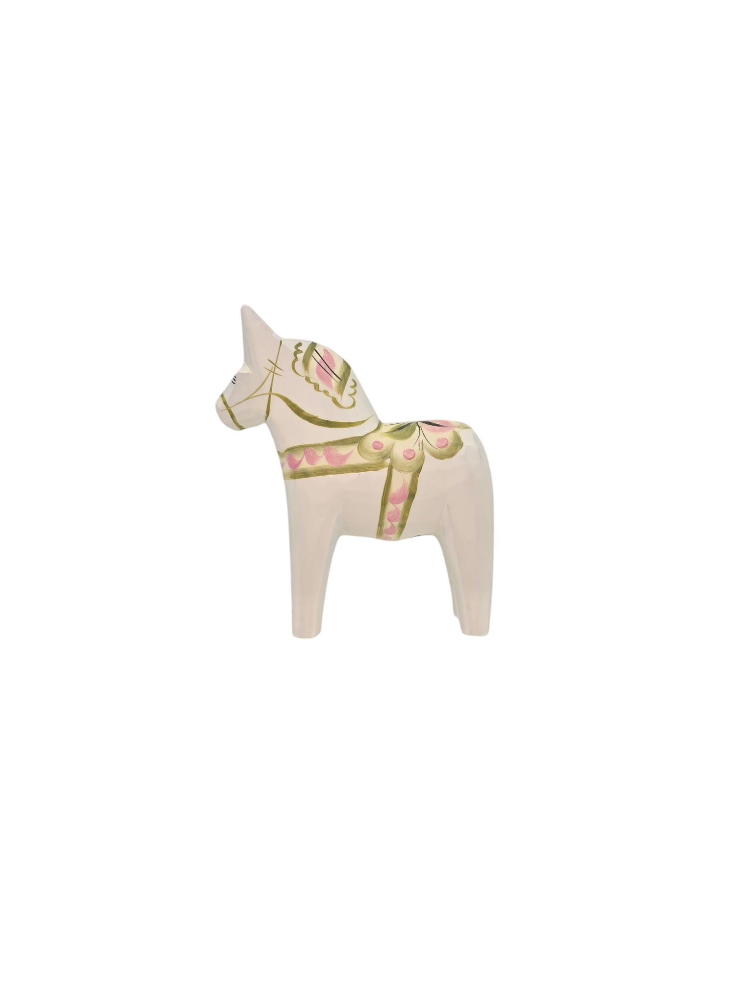 Swedish Dala Horse figurine, Dala Horse: Pastel on White, features pink and green kurbits patterns against a plain white background.