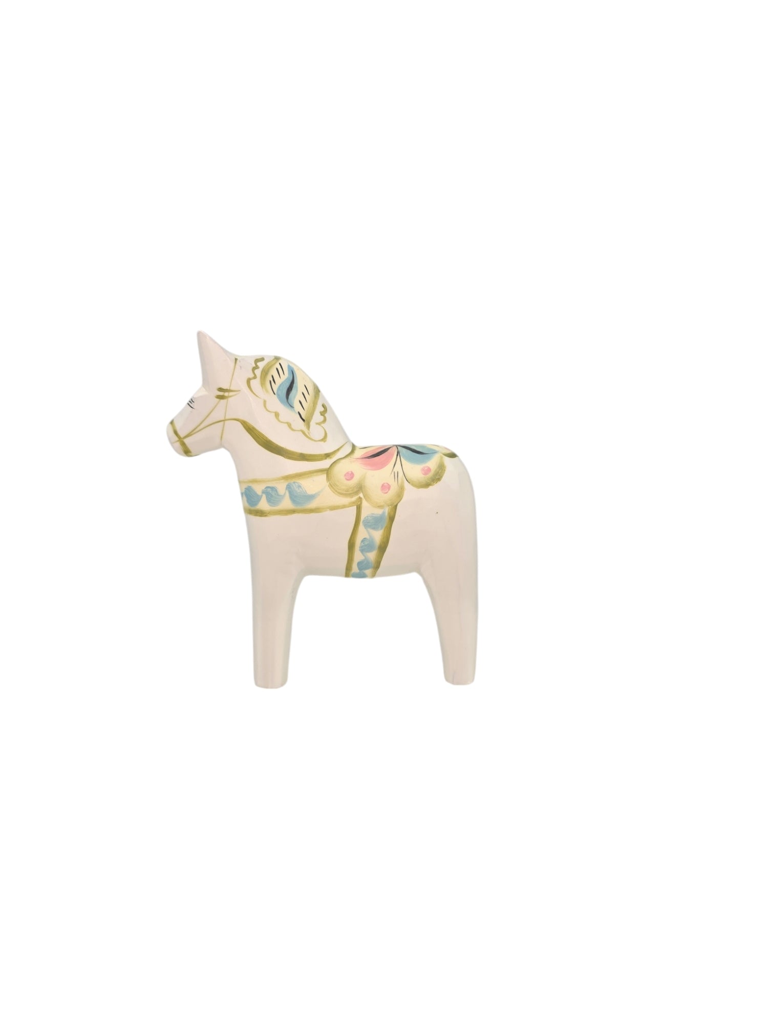 The Dala Horse: Pastel on White Swedish Dala Horse with Kurbits ceramic figurine showcases hand-painted green, pink, and blue floral designs.