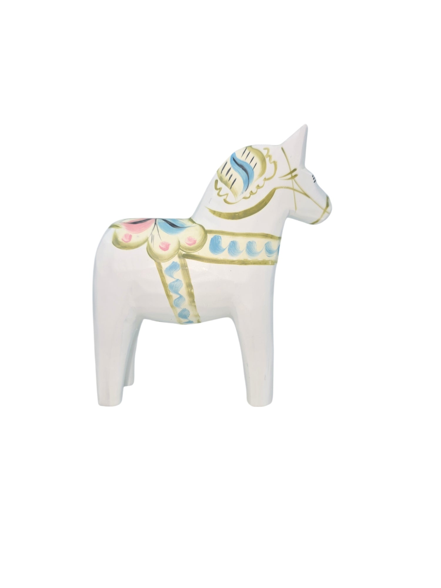 Exquisitely hand-carved and painted, the white ceramic Dala Horse features blue and pink patterns on its body and mane, capturing the charm of a Swedish Dala Horse. Known as Dala Horse: Pastel on White Swedish Dala Horse with Kurbits, it stands elegantly against a plain background.