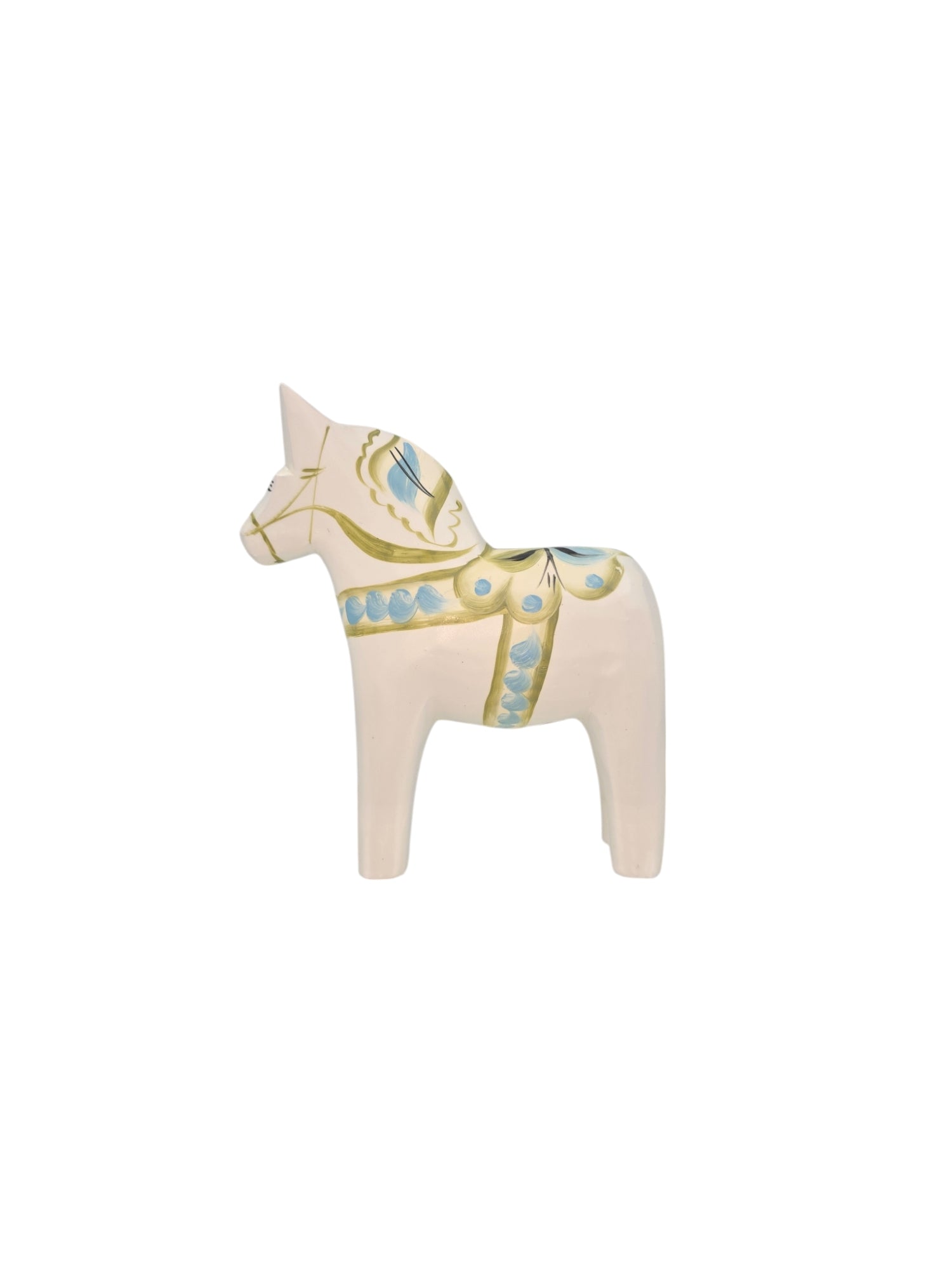 The Dala Horse: Pastel on White Swedish Dala Horse with Kurbits is a small, hand-carved ceramic figurine featuring painted green and blue patterns on a plain white background.