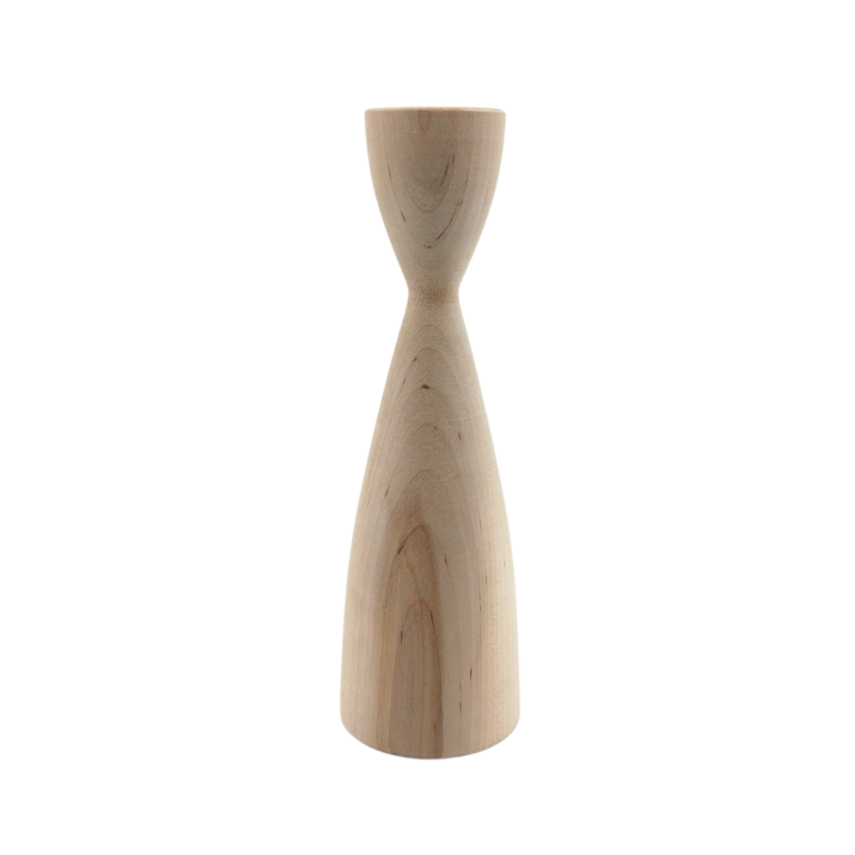 A 7.5-inch tall, smooth, hourglass-shaped Candle Holder handcrafted in Sweden with a natural finish stands upright against a plain white background, exuding a modern feel.