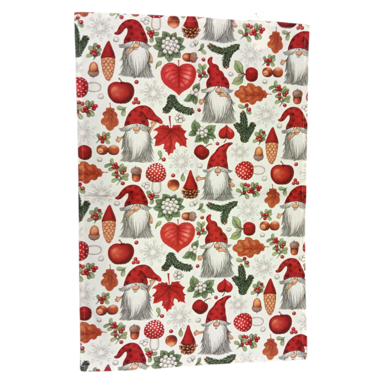 Festive fabric adorned with Santa gnomes, mushrooms, pine cones, and autumn leaves on white. Ideal for crafting a charming Swedish Santas Forest Tea Towel or adding whimsical décor touches.