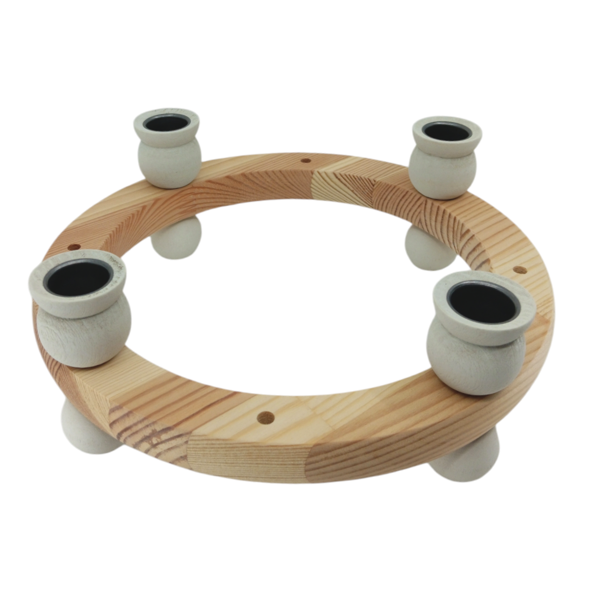 The White Handcrafted Swedish Candle Ring is a wooden circular candle holder with four white ceramic cups on small wooden legs, inspired by traditional designs.