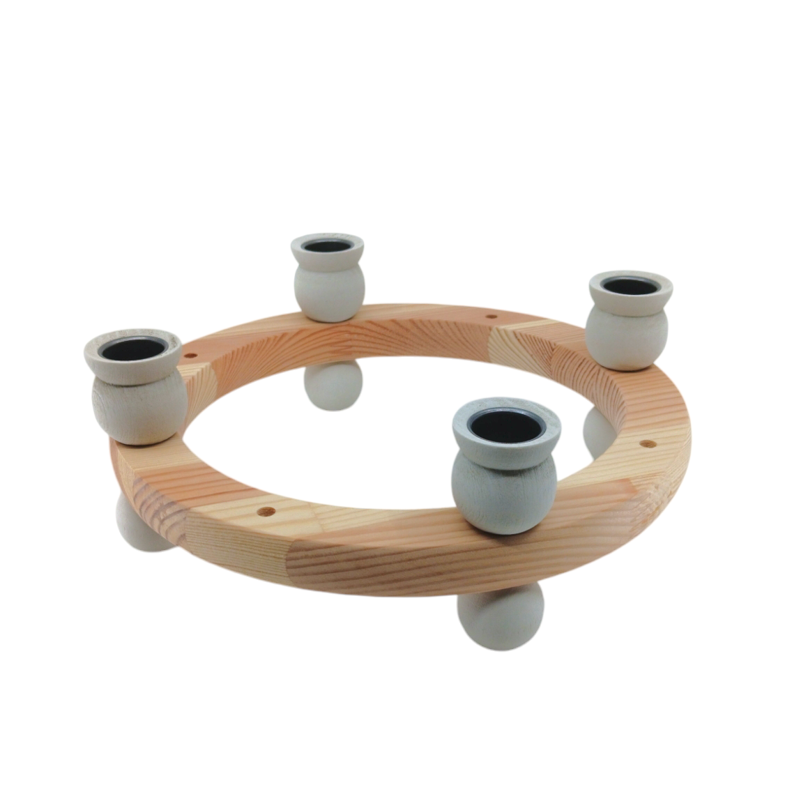 The White Handcrafted Swedish Candle Ring is a customizable wooden holder featuring four round slots on small pedestals for candles.