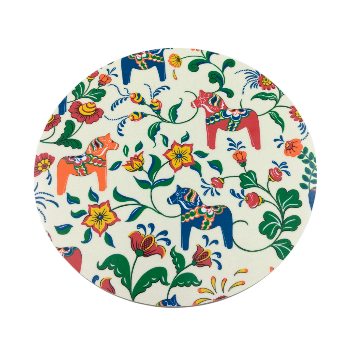 Handmade in Sweden, the Leksand Off White Circular Trivet features a round ceramic design with colorful floral patterns and stylized Dala horses in blue, orange, and red on an off-white background.