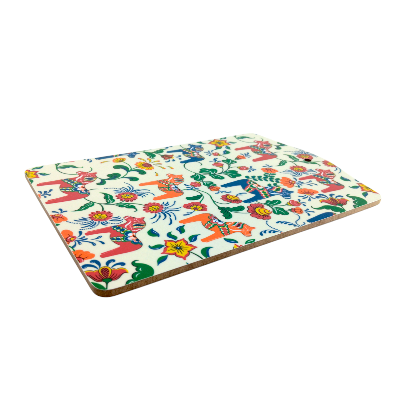 The Leksand Serving Board has a cream background decorated with colorful Swedish Dala horses.