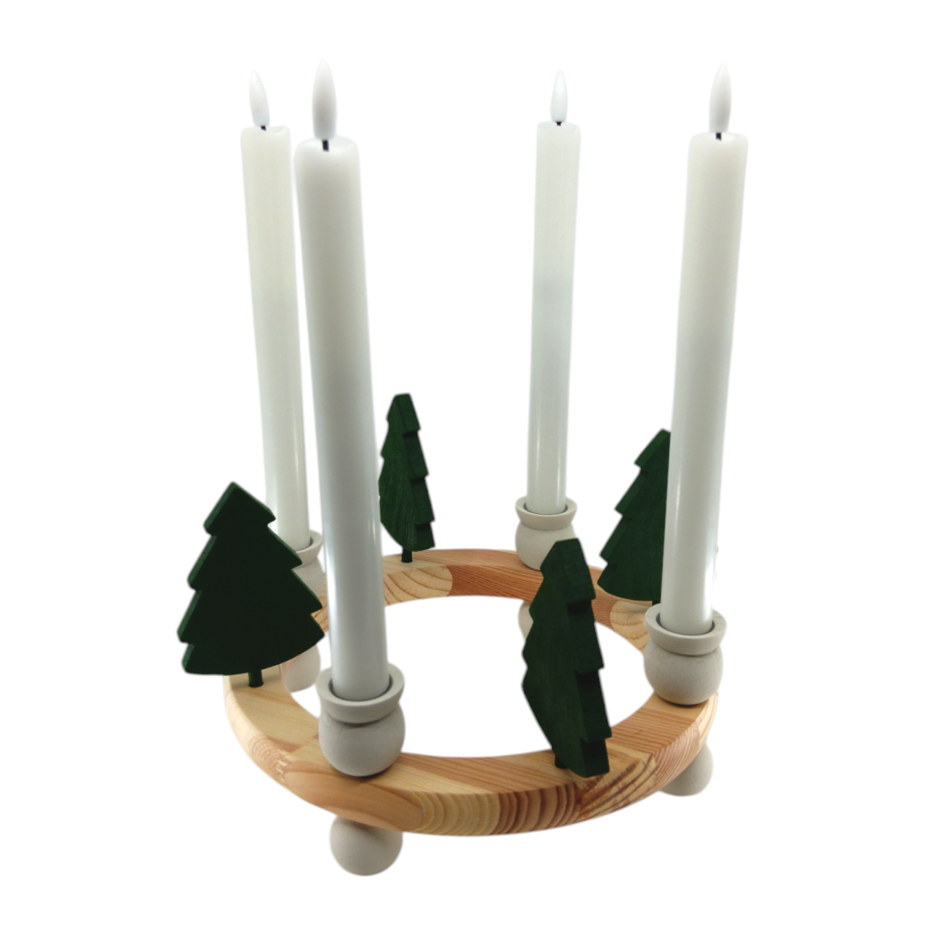 Handcrafted white Swedish candle holder with four candles, decorated with vibrant green tree shapes on a circular base.