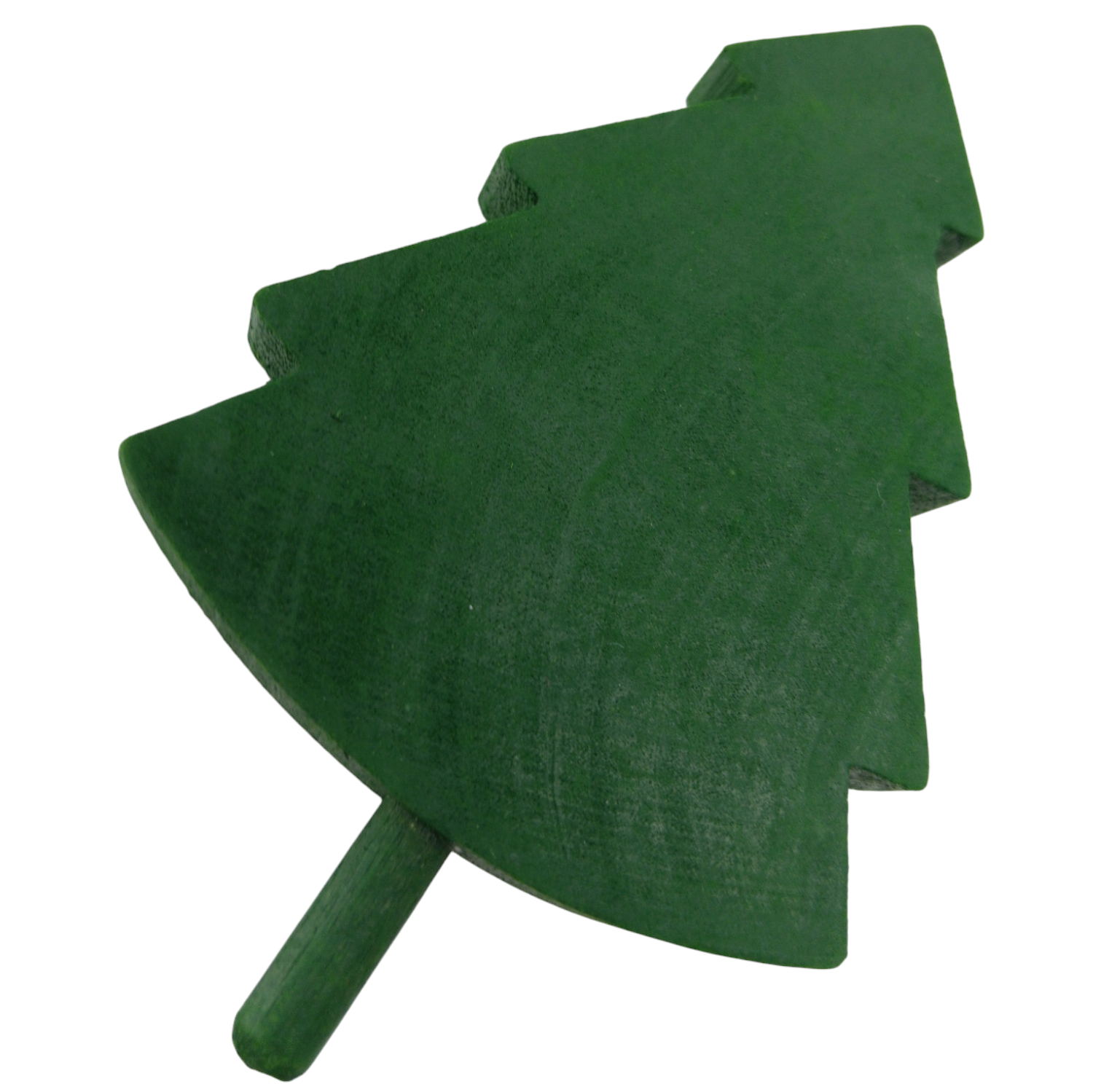 The Figurine: Handcrafted Swedish Wood Green Tree is a beautifully handcrafted, green wooden Christmas tree cutout with a triangular shape and protruding base, elegantly displayed on a white background.