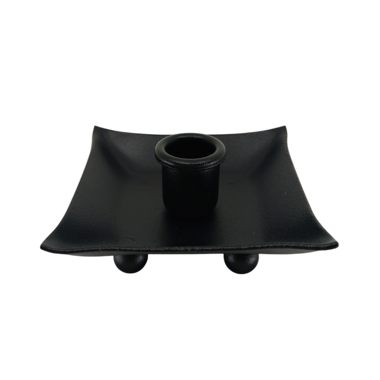 The Candle Holder: Black Iron Pillar Candle Holder 4" Square is made in Sweden with a square design, central round holder, and small rounded feet, displayed on a white background.