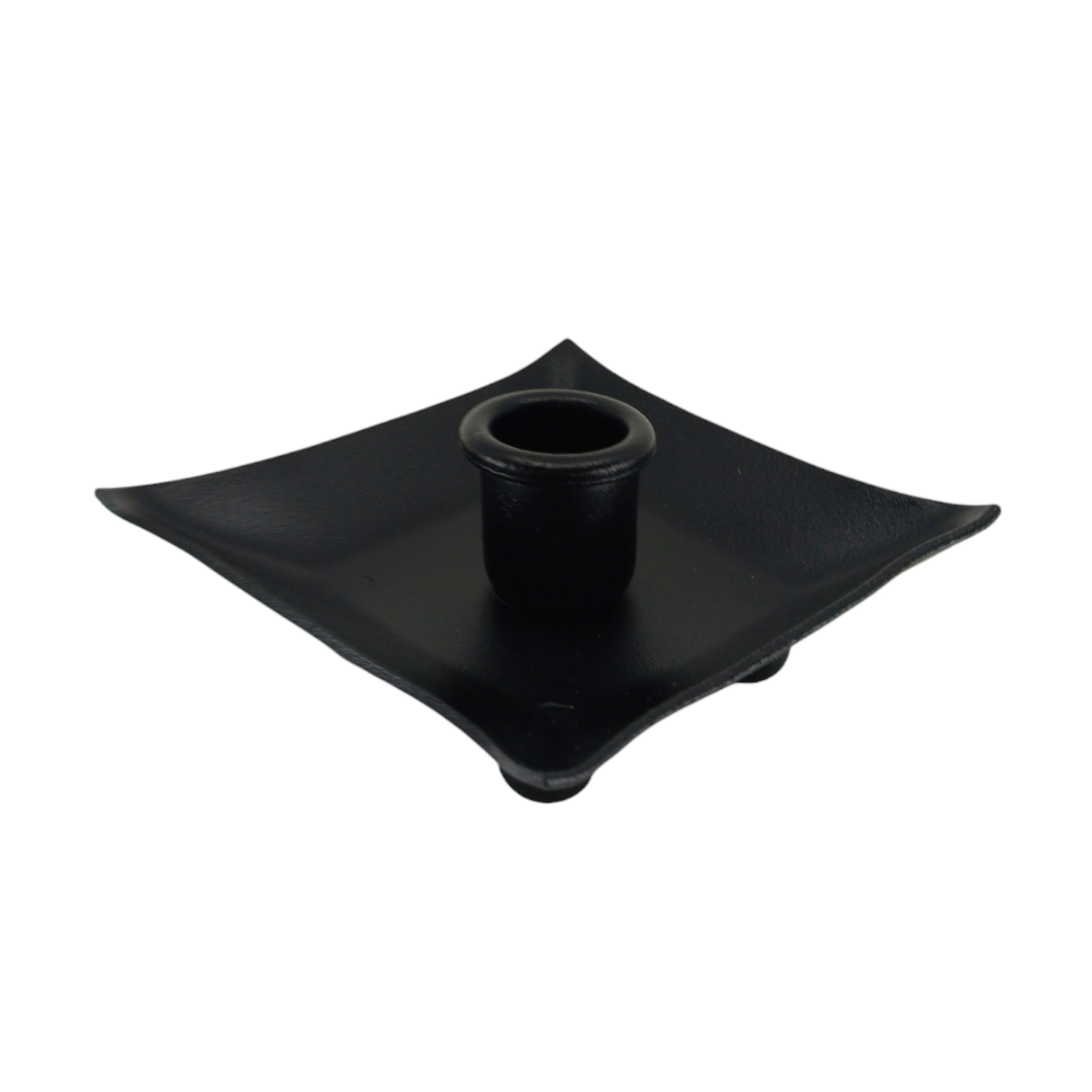 The Black Iron Pillar Candle Holder 4" Square, made in Sweden, features a square shape with curved edges and a central cylindrical holder for your favorite candle.