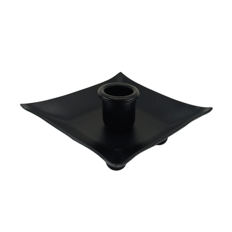 The Black Iron Pillar Candle Holder 4" Square, made in Sweden, features a square shape with curved edges and a central cylindrical holder for your favorite candle.