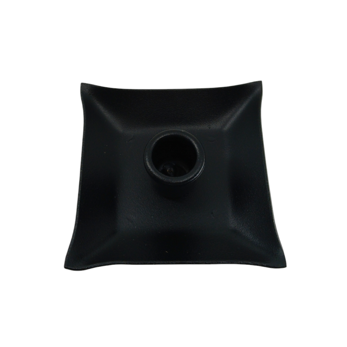 The Black Iron Pillar Candle Holder 4" Square features a central cylindrical support, crafted from sleek black iron in Sweden, and is displayed on a white background.