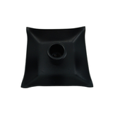 The Black Iron Pillar Candle Holder 4" Square features a central cylindrical support, crafted from sleek black iron in Sweden, and is displayed on a white background.