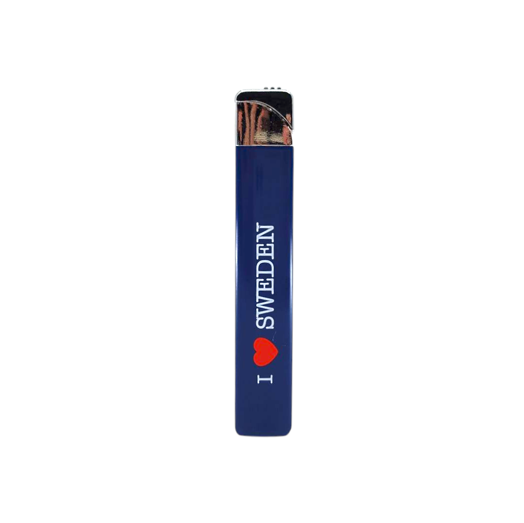 The I Heart Sweden blue lighter showcases a white and red I ❤ SWEDEN design, making it a distinctive, lightweight accessory.