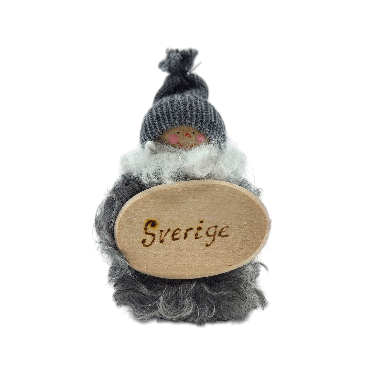 The Swedish Santa Figurine features a small gnome with a gray hat and beard, holding a Sverige sign. It embodies Scandinavian tradition, making it an enchanting addition to any festive decor.