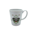 The Coffee Mug: Anna Viktoria Porcelain Mug features a light green, grey, and red kurbits folk-style pattern—bringing Scandinavian charm with heart and floral accents to your table.