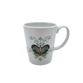 The Coffee Mug: Anna Viktoria Porcelain Mug features a light green, grey, and red kurbits folk-style pattern—bringing Scandinavian charm with heart and floral accents to your table.
