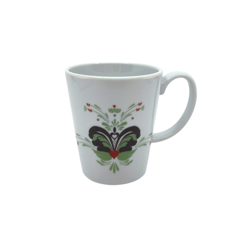 The Coffee Mug: Anna Viktoria Porcelain Mug features a light green, grey, and red kurbits folk-style pattern—bringing Scandinavian charm with heart and floral accents to your table.