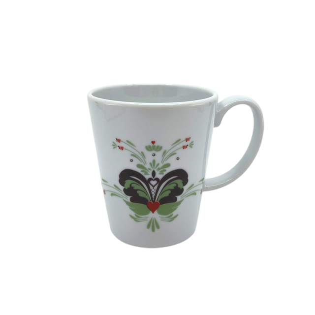 The Coffee Mug: Anna Viktoria Porcelain Mug features a light green, grey, and red kurbits folk-style pattern—bringing Scandinavian charm with heart and floral accents to your table.