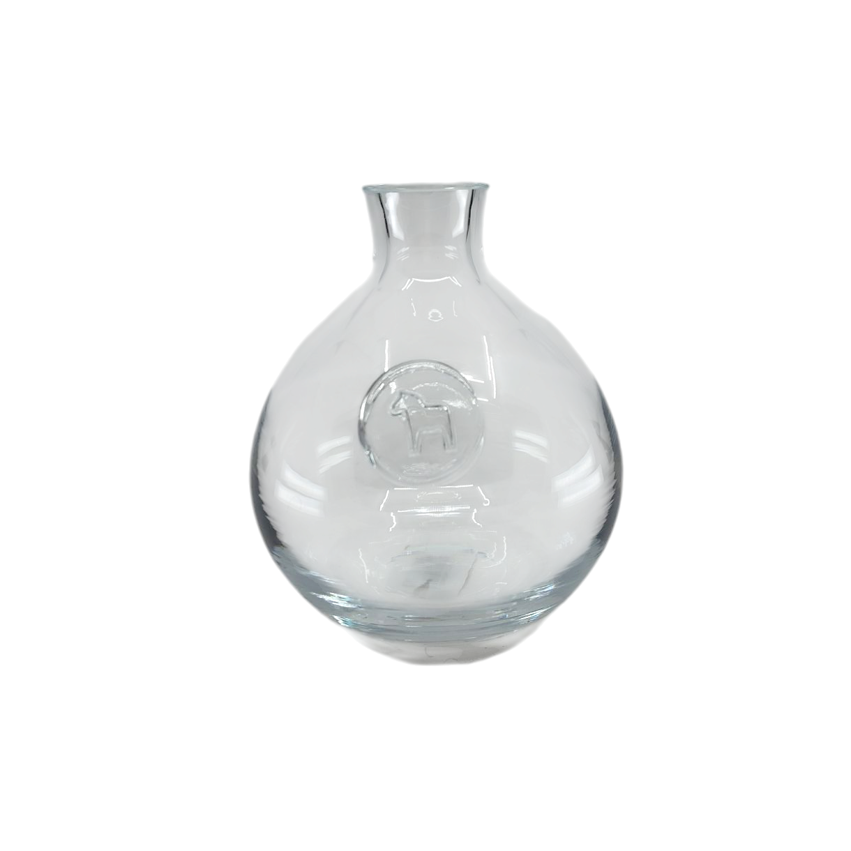 The Anna Viktoria Glass Dala Horse Vase features unique mouth-blown craftsmanship with a clear, round design, a small neck, and an embossed circular pattern.