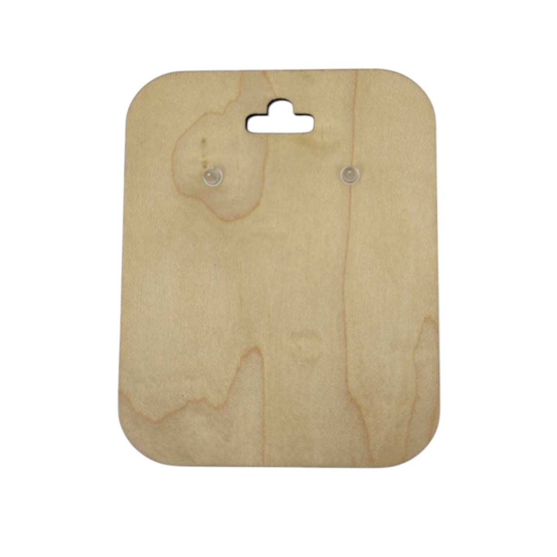 A rectangular wooden board with rounded corners, two small holes, and a hanging slot at the top is ideal for showcasing the Handmade Fika Coffee Cup Earrings made from acrylic and wood.