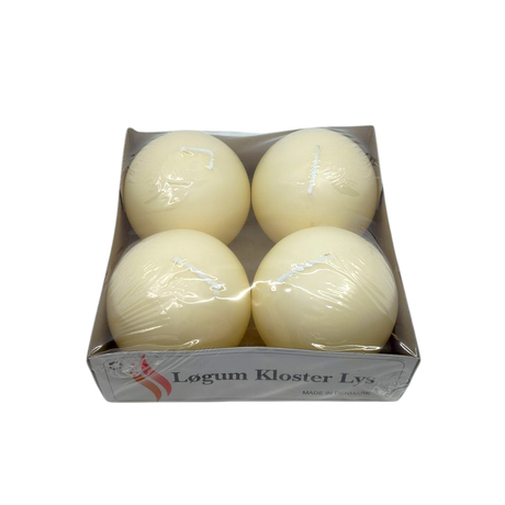 A 4-pack of 2.5 round, cream Logum Kloster Lys Ball Candles—ideal for Advent or cozy HYGGE decor. Wrapped in plastic with a branded label.