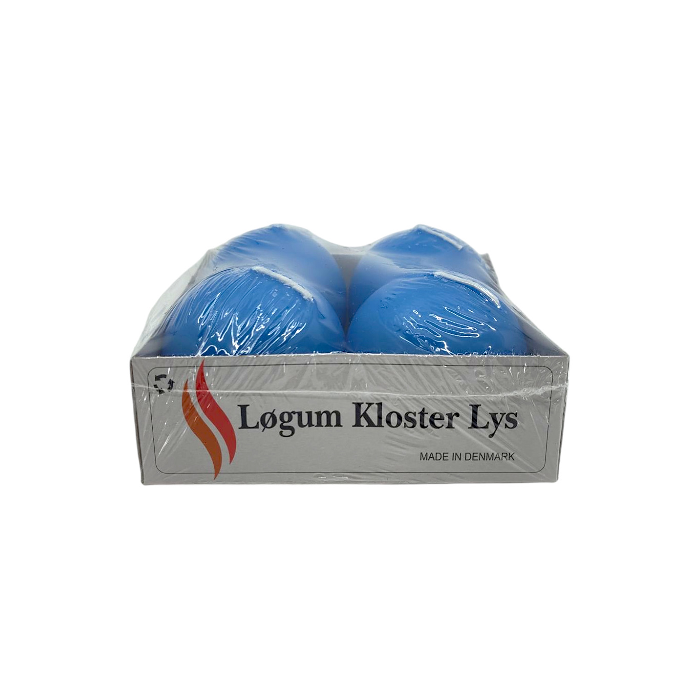 The Logum Kloster Lys Advent 2.5\ Ball Candles (4 Pack) in blue, wrapped in plastic with a flame logo, encapsulate HYGGE. Made in Denmark, they promise quality and warmth for cozy gatherings.