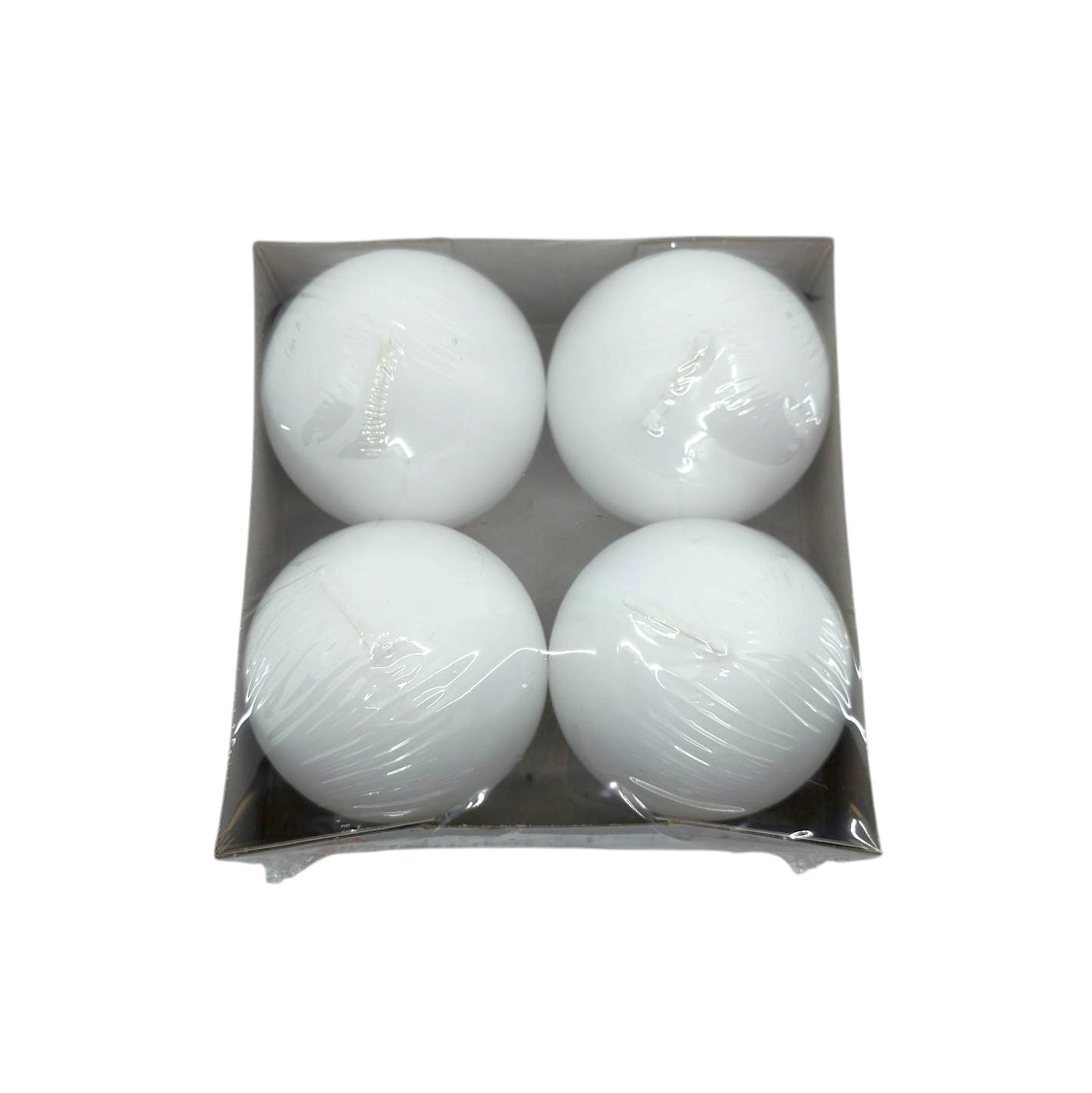 The Logum Kloster Lys Advent 2.5 Ball Candles (4 Pack) features four white round ball candles in transparent plastic packaging, nestled in a square cardboard box, perfect for evoking the serene ambiance of HYGGE and creating cozy atmospheres reminiscent of Logum Kloster evenings.